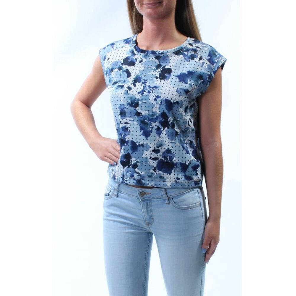 KIIND OF Womens Blue Keyhole Back Floral Sleeveless Jewel Neck Top Size: XS